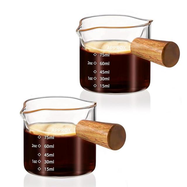YARRAMATE 2 Pack Espresso Cups with Wood Handle, Clear Glass Accessories, Double Spout Measuring Cup with Dual Scale, Espresso Shot Glass with V-Shaped Spout, 3.4 OZ / 100 ML