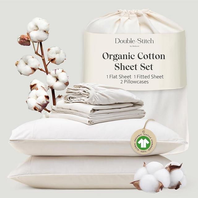 Double Stitch 100% Organic Cotton Sheet Set King - 300 TC Luxury Hotel Sateen Weave, GOTS Certified Long Staple Cotton, Made in India, 1 Fitted Sheet, 1 Flat Sheet, 2 Pillowcases, Coconut Milk