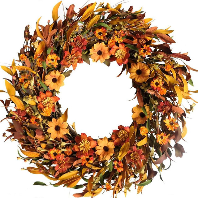 CIR OASES Fall Front Door Wreath,24” Artificial Floral Wreath with Colorful Daisies and Fall Orange Wreath for Front Door Wall Window and Thanksgiving Decor
