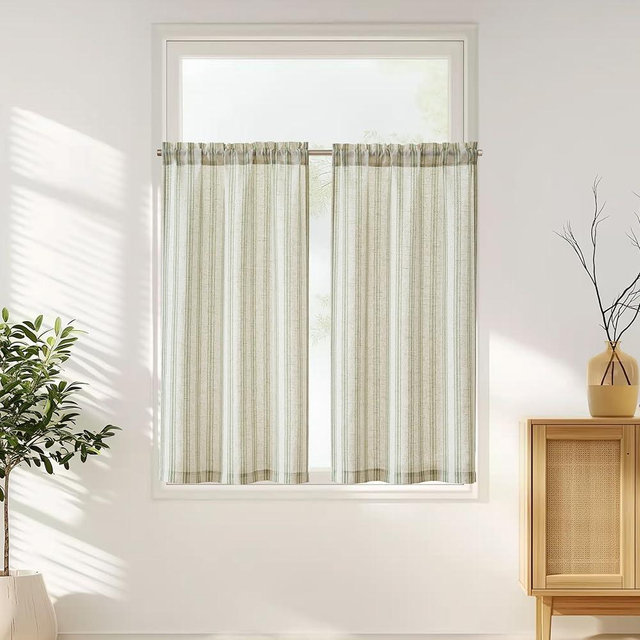 jinchan Striped Linen Kitchen Curtains 45 Inch Cafe Tier Curtains Balanced Stripe Farmhouse Small Drapes for Bathroom Laundry Over Sink Half Window Light Filtering 2 Panels Sage Green on Beige