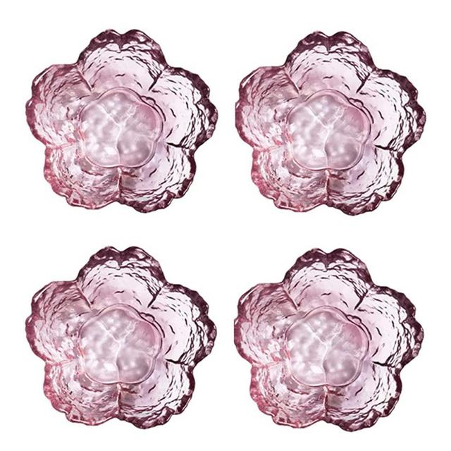 Pink Glass Bowls Set of 4, Small Dipping Dishes Sauce Plates- Japanese Sakura Flower Cherry Blossom Shaped Bowl for Dessert, Ice Cream, Miso Soup