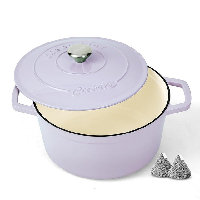 Ciwete Enameled Cast Iron Dutch Oven – 6 Quart Pot with Lid & Potholders – Heavy-Duty Cookware for Bread Baking, Braising, Stews & Roasting – Oven & Stovetop Safe up to 500°F – Purple