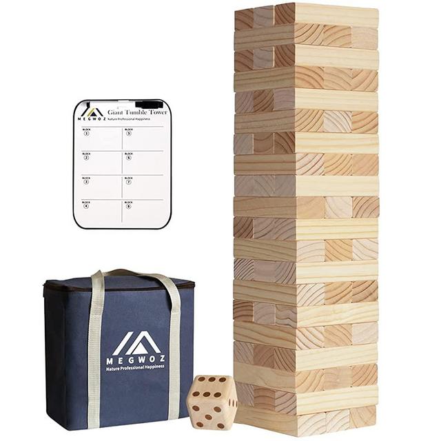 Megwoz Giant Tumble Tower, 60 PCS Stacking Timber Game with Dice| Scoreboard| Carrying Bag, Wooden Block Indoor Outdoor Game Set for Kids Adult Family(Stacks to 5FT)