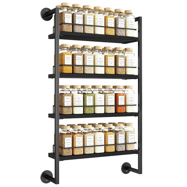 IBUYKE Spice Rack Wall Mount,4 Tier Hanging Seasoning Organizer, Spice Rack for Wall for up to 50 Jars,Spice Organization for Kitchen Cabinet,Living Room,Bathroom,Pantry,Black UTLJ016B