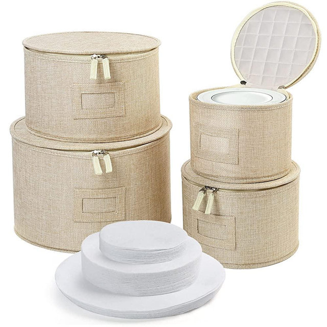 LotFancy China Storage Containers, Hard Shell, 4PCS Set, Dish Storage Box for Moving, Stackable Dinnerware Plate Organizer Bins with 48 Felt Dividers, Beige