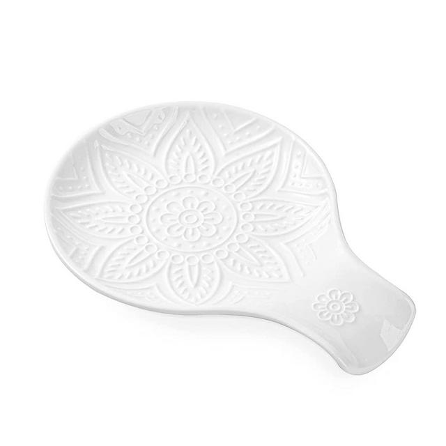 MIKIGEY Ceramic Spoon Rest, 7.48 Inches Spoon Holder for Kitchen Counter, Kitchen Accessories, Dishwasher Safe, White