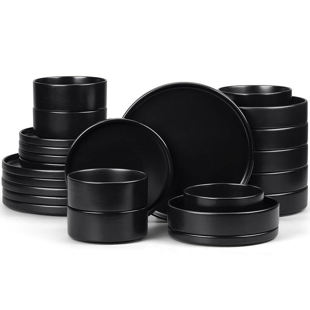 E-far Black Dinnerware Sets with Pasta Bowls, 24-Piece Stoneware Plates and Bowls Sets for 6 | Microwave & Dishwasher Safe Kitchen Modern Dish Set, Matte Black