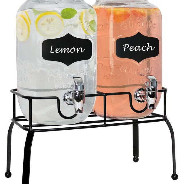 Estilo Glass Set of 2 Mason Jars Beverage Drink Dispensers on Metal Stand with Chalkboard Labels and Chalk with Lids and Leak Free Spigots-1 Gallon