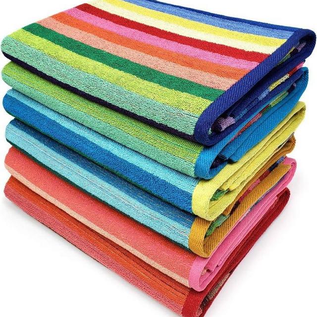 Kaufman Yarn Dye Cotton Oversized 32in X 62in Highly Absorbent Quick Dry Brightly Colored Classic Multi-Color Stripe Beach,Pool, Camp, Back to School and Bath Towel (6-PK)