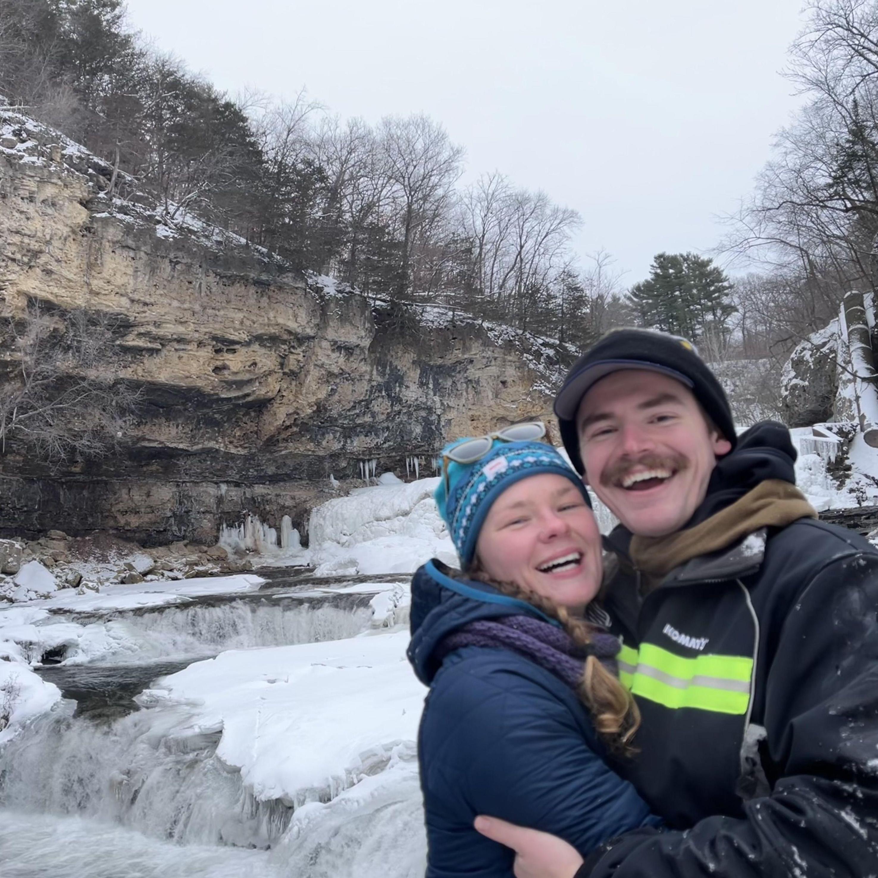 Our first picture together! At Willow River State Park in WI in December 2021.