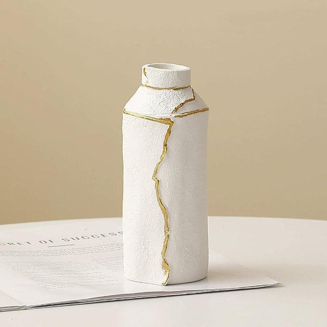 Semeid Gold-Crack White Bud Vase — Matte Textured Mini Flower Vase for Tabletop, Mantel & Small Bouquets — Modern Minimalist Home Decor Houswarming Gift (Large)