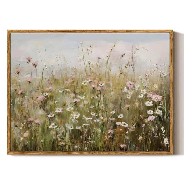 ARPEOTCY Vintage Framed Canvas Wall Art, Pink & White Daisies Landscape Wall Art for Living Room Office Bedroom, Retro Farmhouse Kitchen Bathroom Wall Art Decor(12x16 Inch)