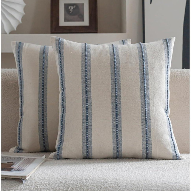 Cethom Boho Throw Pillow Covers 18x18 Set of 2, Beige and Blue Striped Decorative Pillow Cases for Couch Chair Bed, Textured Farmhouse Accent Cushion Covers for Living Room Bedroom Sofa Home Decor