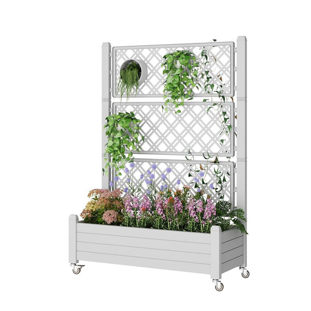 WTFGO Resin Raised Garden Bed with Trellis and Wheels, Planter Box with Trellis Outdoor, Raised Planter with Trellis with Drainage Holes & Water Monitor for Climbing Plants, Ashen(61.2" H)