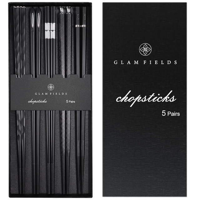 GLAMFIELDS 5 Pairs Premium Chopsticks Reusable Dishwasher Safe 9.5 Inch Fiberglass Chop Sticks Gift Set Non Slip Black + Silver