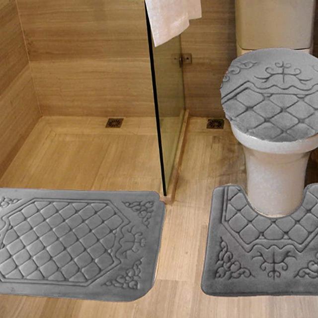 All American Collection 3PC Memory Foam Bath Mats Soft Plush Crown Design Anti-Slip Shower Bathroom Contour Toilet Lid Cover Rugs (Grey)