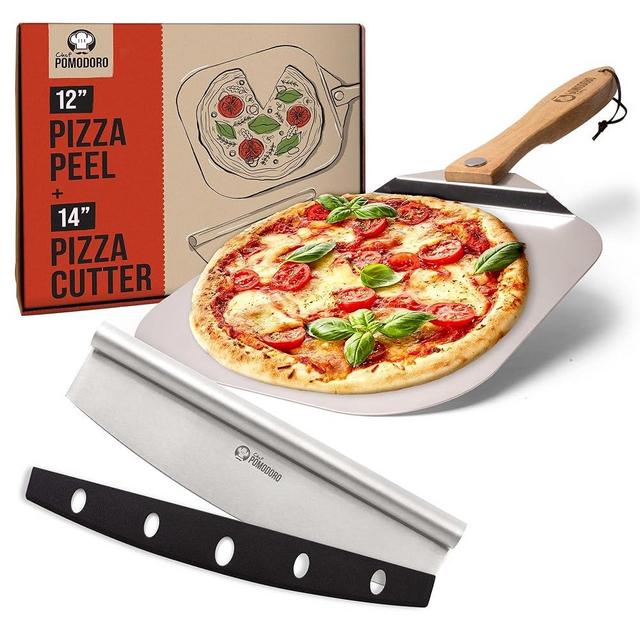 Chef Pomodoro Aluminum Metal Pizza Peel with Foldable Wood Handle for Easy Storage, Pizza Spatula, Gourmet Luxury Pizza Paddle for Baking Homemade Pizza Bread (12 x 14 inch + 14 inch Cutter)