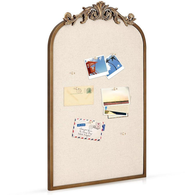 Wonderjune Vintage Arch Scalloped Rectangle Framed Pin Board Linen Display Bulletin Board Large Fabric Picture Memo Decorative Pinboard for Wall Home Office(Arch,19" X 31",Retro Golden)