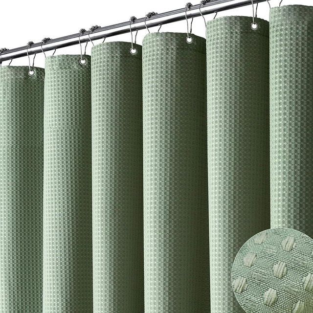 Dynamene Stall Fabric Shower Curtain - 54 inch Wide Waffle Weave Weighted Thick Cloth Shower Curtains for Bathroom, Heavy Duty Hotel Spa Luxury Bath Curtain Set with 10 Hooks, 54x72, Sage Green