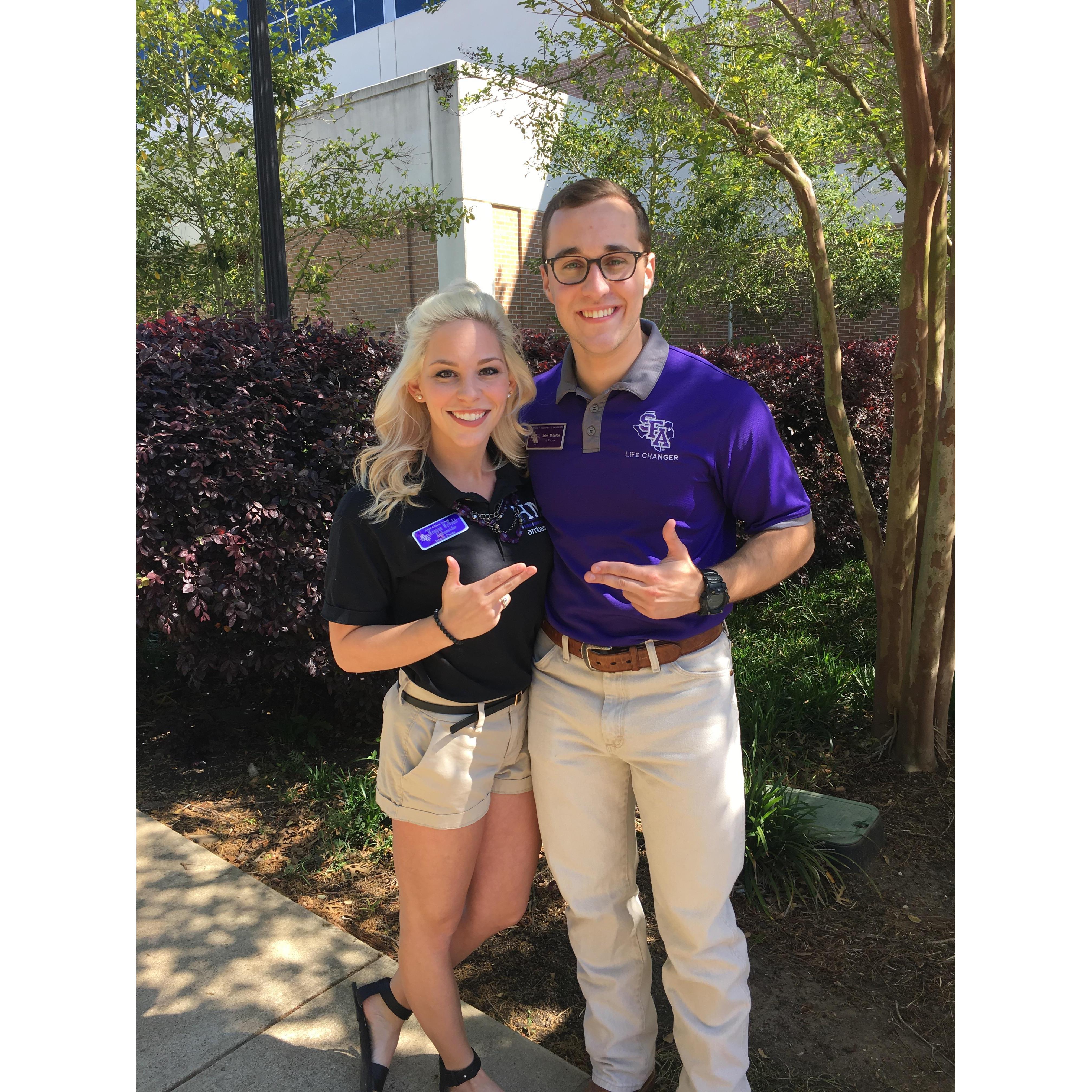 Working one of our many on-campus jobs together.