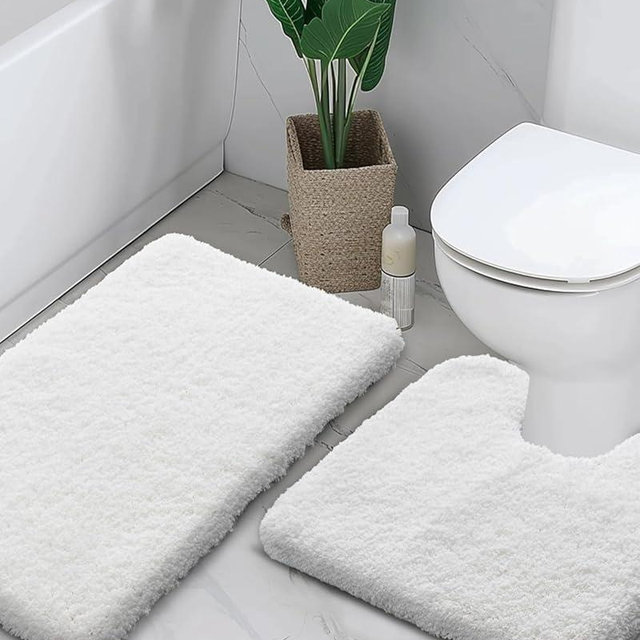 Disolla White Bathroom Rug Set 2 Piece Fluffy Non Slip Bath Mat Set Washable Plush Luxury Toilet Rug and Bath Rug Set for Bathroom Floor, 22x24 + 24x36 inches