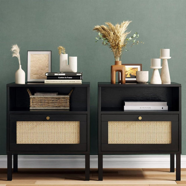 Rattan Night Stand Set 2, Boho Bedside Table Black Nightstand with Rattan Door, Storage Cabinet, Open Storage Space & Sturdy Metal Legs, Accent Bed Side Table, Wood End Tables Bedroom