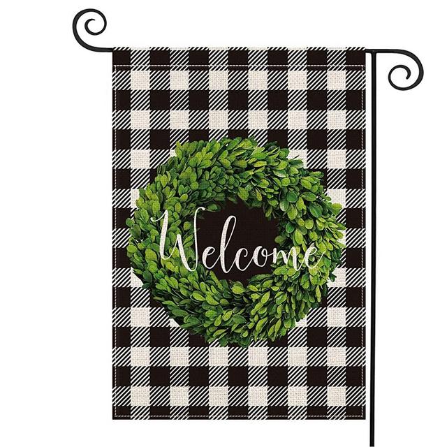 AVOIN Fall Boxwood Wreath Welcome Garden Flag Vertical Double Sided, Buffalo Check Plaid Rustic Farmhouse Flag Yard Outdoor Decoration 12.5 x 18 Inch