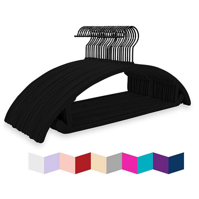 MIZGI Premium Velvet Hangers (Pack of 50) Heavyduty- Non Slip No Shoulder Bump Suit Hangers - Black Hooks,Space Saving Clothes Hangers,Rounded Hangers for Coat,Sweater,Jackets,Pants