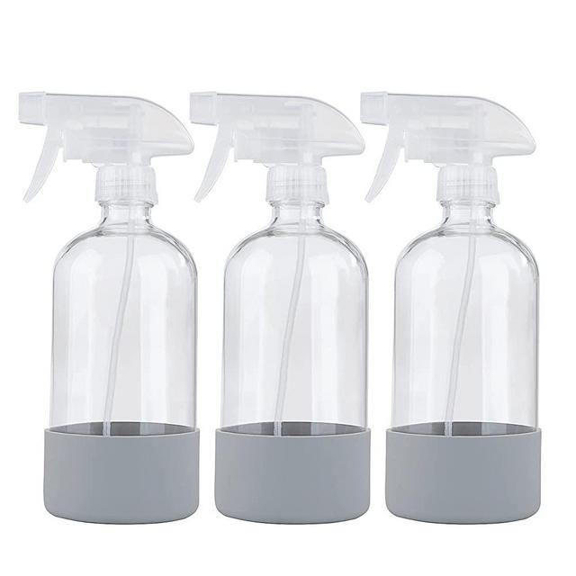 HOMBYS 16 oz Empty Clear Glass Spray Bottles with Silicone Sleeve Protection, for Cleaning Solutions, Essential Oils, Misting Plants 3-Pack
