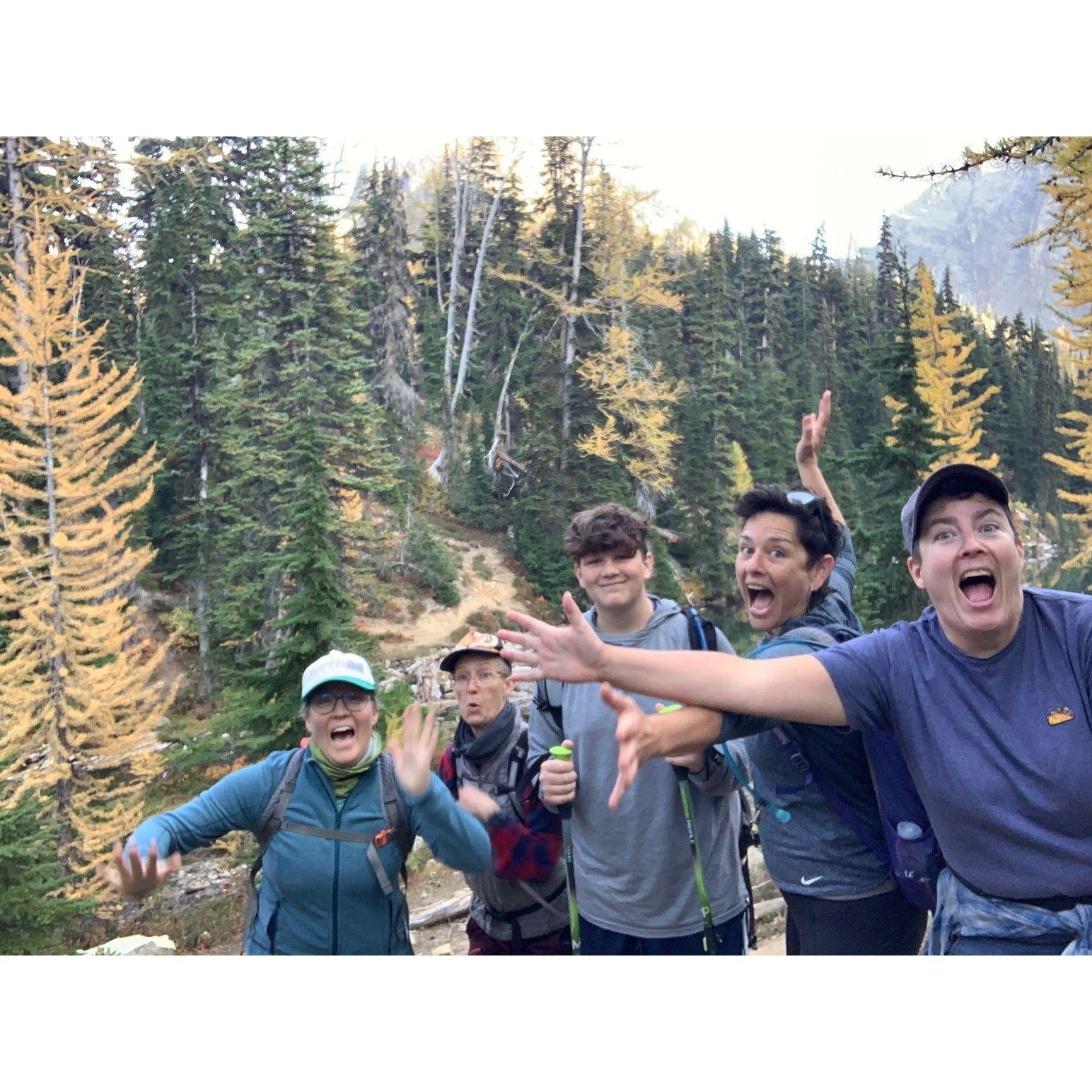 Adventure besties!  Hiking among the larches with Carrie, Malora, and little buddy (Emmett).