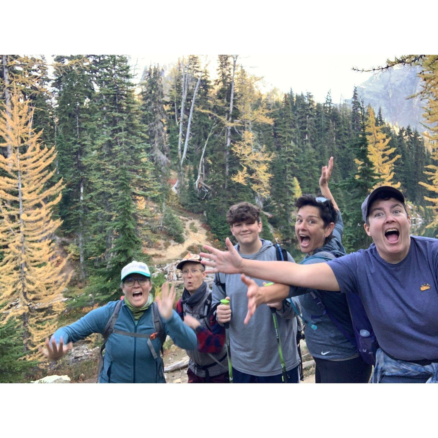 Adventure besties!  Hiking among the larches with Carrie, Malora, and little buddy (Emmett).