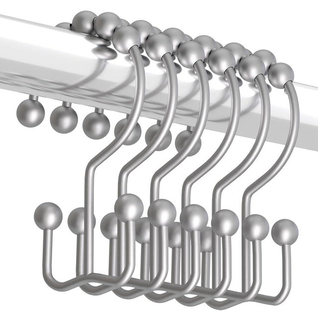 Titanker Shower Curtain Hooks Rings, Rust-Resistant Metal Double Glide Shower Hooks for Bathroom Shower Rods Curtains, Set of 12 Hooks - Space Silver