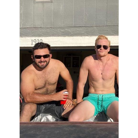 Tanner and Andy in the redneck hot tub (i.e., a hot tub in the bed of a truck)