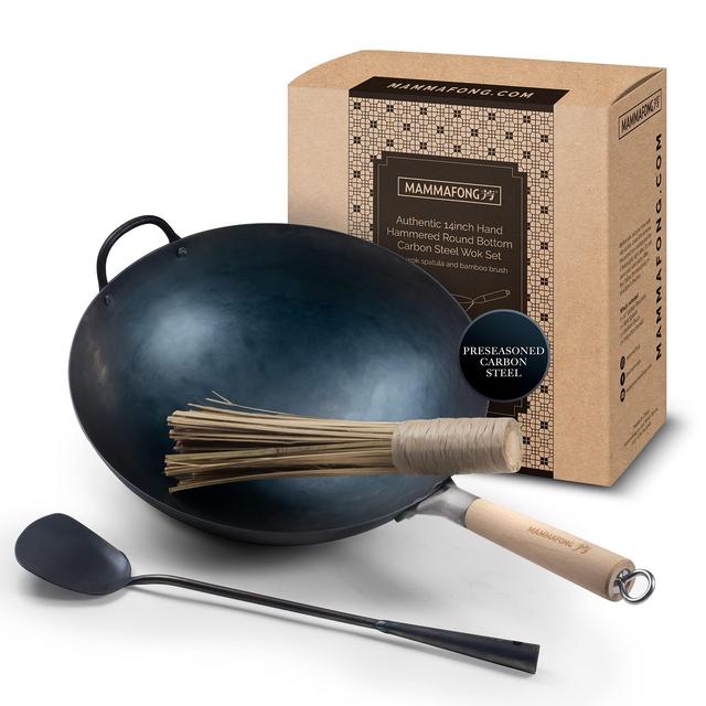 Mammafong Traditional Hand Hammered Pre-seasoned Round Bottom Carbon Steel Wok Set with Wok Spatula and Bamboo Brush 14 Inch