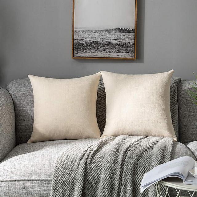 Stellhome Burlap Throw Pillow Covers Solid Farmhouse Linen Pillowcase for Bed Couch Sofa Bench, Set of 2, 24 x 24 inch (60 x 60 cm), Cream