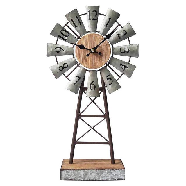 MODE HOME Galvanized Windmill Table Clock on Stand, Vintage Desk and Shelf Clock, Decorative Farmhouse Kitchen Clock Mantel Clock, Rustic Windmill Decor