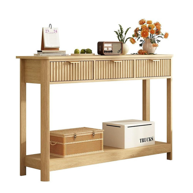 RUSTOWN Fluted Wood Console Table with 3 Drawers, Boho Narrow Behind Couch Entryway Table with Open Storage Shelf, Modern Sofa Table for Living Room, Foyer and Hallway (Natural Wood)