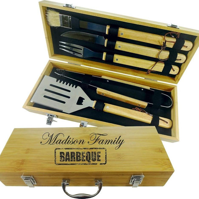 BBQ SET 5 tools | Custom engraved/personalized grilling set with 5 useful Barbeque grilling tools | Barbecue Utensils Gifts for Men & Women | In natural bamboo case | Grill Utensils Set for Dad
