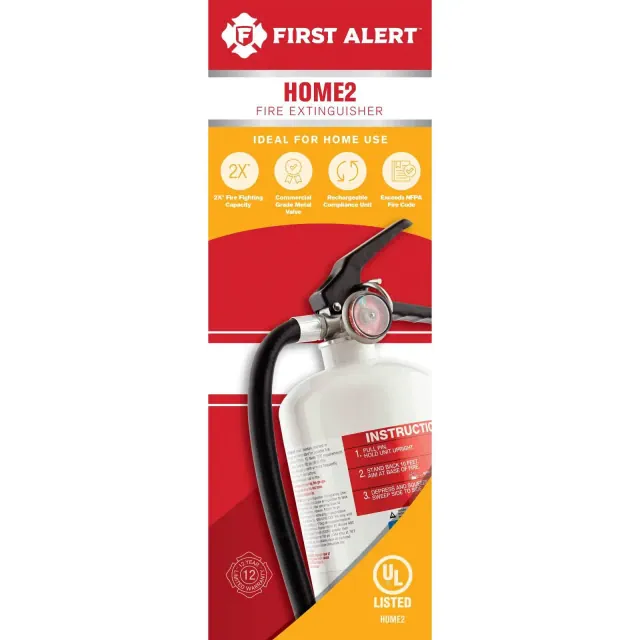 First Alert HOME2 Fire Extinguisher: Steel, 10 Year Warranty, UL 10-B:C, 195 psi, 6 ft Range, 5 lb, 16" Height