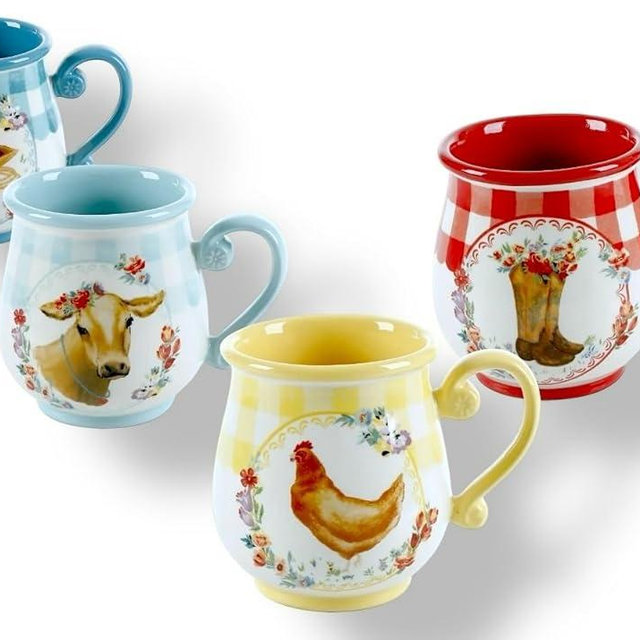 Pioneer Woman 4-Piece Multi-Color Farmhouse Gingham Stoneware Mug Set,16 oz Each, Rustic-Style Coffee & Tea Cups