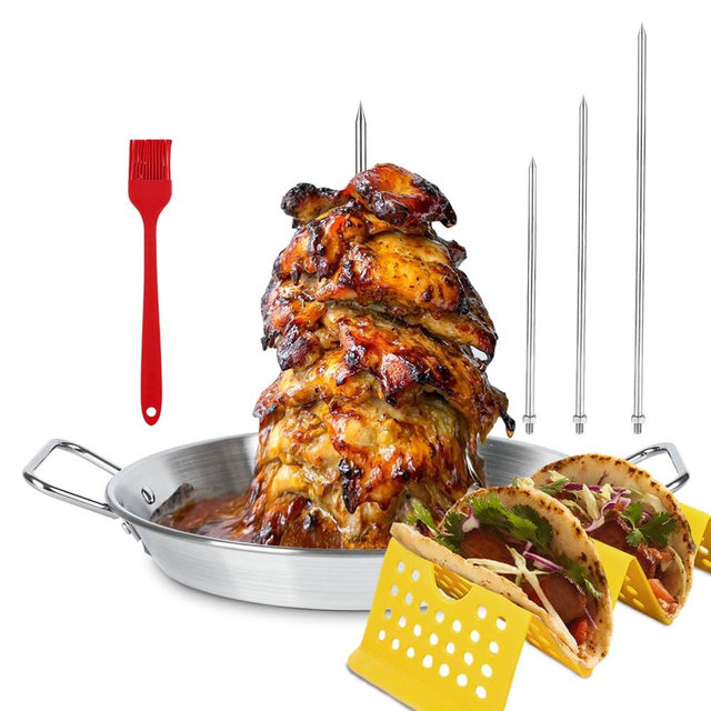 Vertical Skewer Pan Stainless Steel Gyro Pan Spit Shawarma Stand for oven, Al Pastor Skewer for Grill, El Pastor Hack for Tacos Al Pastor Chicken, Brazilian, with 8",10",12" stick