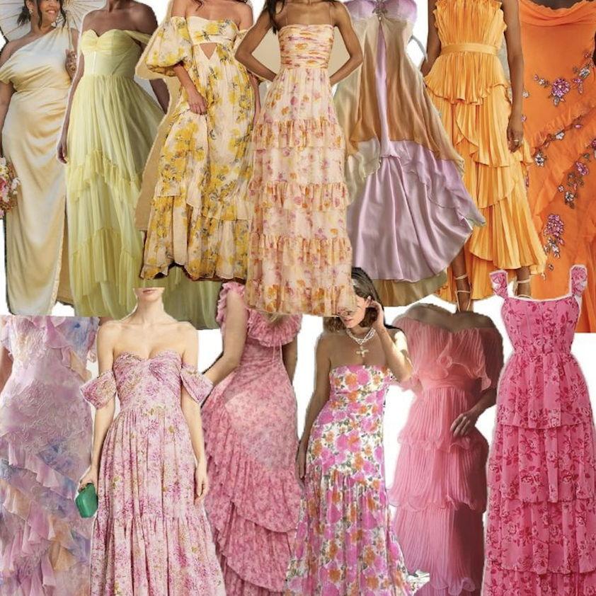 Light, flowy, midi or maxi dresses in sunset colors and patterns