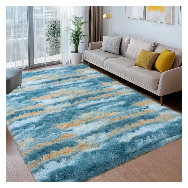 LOVEVOOK 4x6 Feet Abstract Blue Area Rugs for Living Room Bedroom, Fluffy Shag Rugs, Modern Indoor Floor Carpet for Office Home Decor Aesthetic