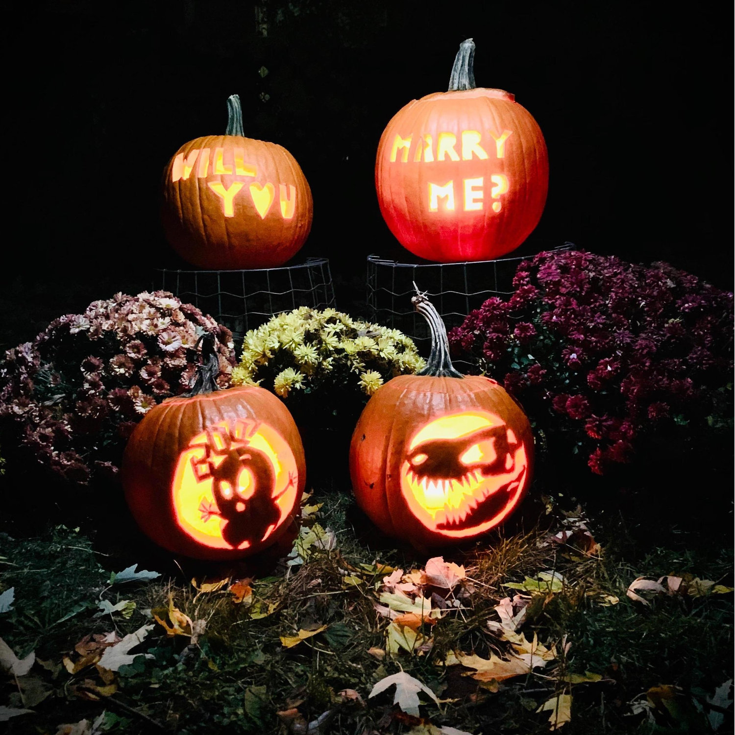 October 31st, 2019. The finished product of Halloween-themed engagement. Justin did Jurassic Park & Danny did a ghost. Shout out to Emily and Amanda for helping Danny with the "Will You Marry Me"