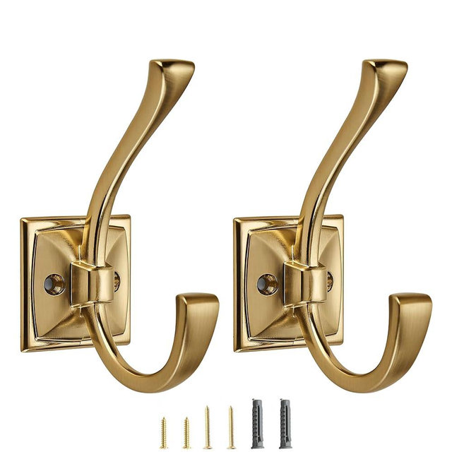 CABDM 2 Pack Decorative Heavy Duty Towel Hooks for Hanging Robe Double Champagne Bronze Coat Hooks Wall Mounted with Screws for Key, Towel, Bags, Cup, Hat
