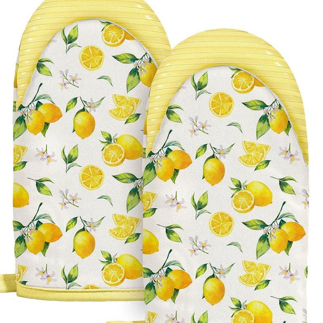 Slohif Lemon Mini Oven Mitts Set – Yellow Extended Short Heat Resistant Kitchen Gloves for Women, 100% Cotton Oven Mitts with Silicone Grips, Non-Slip and Thick Durable for Cooking & Baking