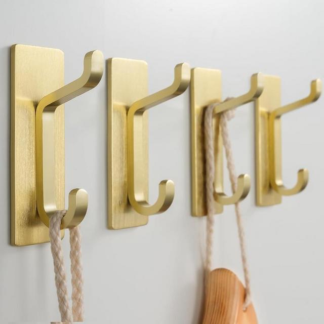 Josmimic Adhesive Towel Hooks: Heavy Duty 12LB Wall Hooks, for Coat/Robe Stick on Bathroom, Gold, 4-Pack, Stainless