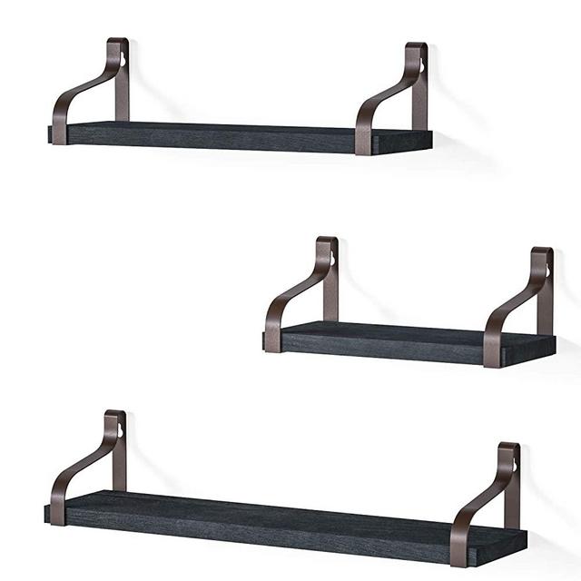 Love-KANKEI Floating Shelves Wall Mounted Rustic Wood Wall Shelves Set of 3 for Bedroom Living Room Bathroom Kitchen Weathered Black/Brown Brackets
