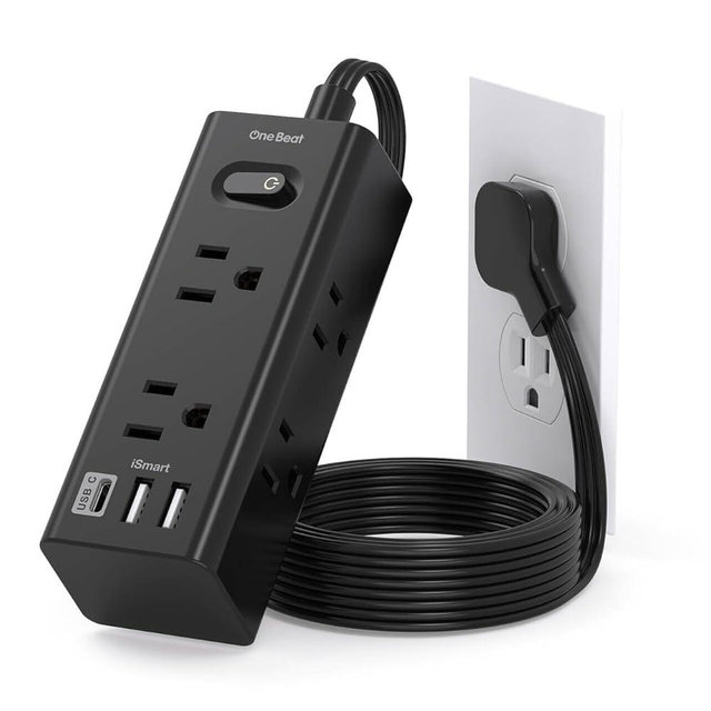 3Ft Extension Cord with Multiple Outlets, Flat Plug Power Strip Surge Protector with Short Extension Cord, 6 Outlet 3 USB Ports (1 USB C), Multi Outlet Wall Plug for Travel, College, Dorm Essentials