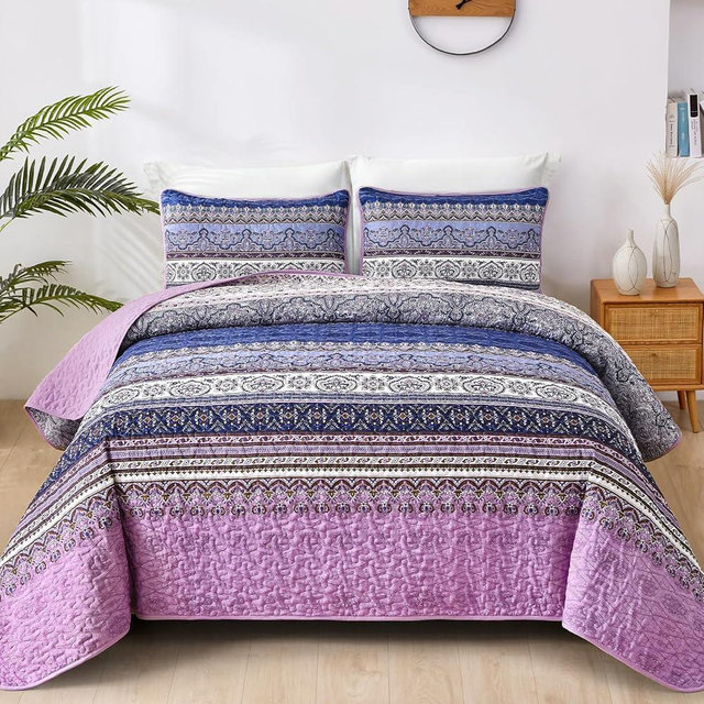 WONGS BEDDING Boho Queen Quilt Set, Purple Bohemian Quilt Bedding Set, Lightweight Bed Decor Bedspread for All Season Reversible Microfiber Coverlet Bedding Set 96"x90"(3 Pieces)